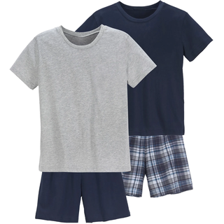 Pyjama LE JOGGER, Jungen, Gr. 158/164, blau (marine, grau, meliert), Jersey, Obermaterial: 100% Baumwolle, kariert, unifarben, Basic, bequem kurz, Rundhals, abgesteppte Kante, Homewear-Sets Pyjama, Hose 1x uni und 1x kariert, Topseller