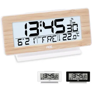 ADE Funkwecker digital mit Batterie | Tischuhr mit Temperaturanzeige und Kalender | Gehäusefront aus echtem Bambus | LCD-Display mit Beleuchtung auf Knopfdruck