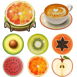 BNG Früchte Diamond Painting Untersetzer Mit Halter, 6 Stück DIY Bastel Untersetzer für Erwachsene, Kunstmalerei Sets für Frauen, Anfänger, Diamant Bastelzubehör