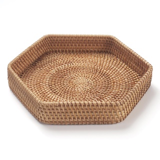 DECRAFTS Sechseck Rattan Serviertablett für Couchtisch Gewebte Dekorative Korb Tabletts für Osmanische Natur (25cm x 5cm)