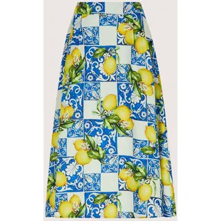 Midirock MADELEINE "Faltenrock Midirock mit Zitronen-Design", Damen, Gr. 36, blau (nachtblau, multicolor), Obermaterial: 55% Leinen LI. 45% Viskose CV., Modern, A-Linie, Röcke Midirock, weit schwingender Druckrock in Midilänge