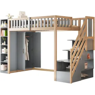 Stilvora Hochbett 90/200 cm in Grau & Natur Kinderbett mit Regalen, Kleiderschrank und Schubladen , Grau, Naturfarben , Holz, Holzwerkstoff , 90x200 cm , Babymöbel & Kindermöbel, Kinderzimmer & Jugendzimmer, Kinderbetten, Hochbetten