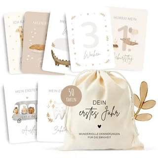 MeinBaby123® Meilensteinkarten "Dein erstes Jahr" | Meilenstein Karten Set Geschenk zur Geburt | Fotokarten für das erste Jahr | 50 Karten Inkl. Baumwollsäckchen (beige Boho)