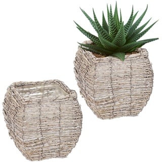 Relaxdays Blumentopf, 2er Set, Rattan, Pflanzentöpfe mit Folie, HBT: 20 x 20 x 20 cm, Pflanzkörbe für innen, weiß/Natur