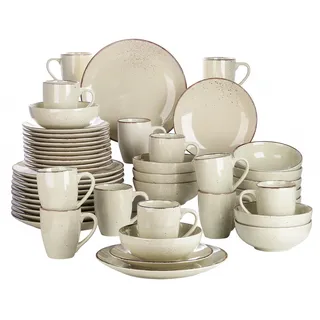 vancasso Tafelservice Set für 12 Personen, Navia Geschirrset aus Steingut, 48 teilig Kombiservice mit Speiseteller, Salatteller, Schüsseln und tassen, Vintage Aussehen, Natur Design