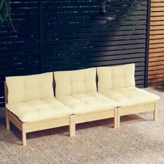 The Living Store 3-Sitzer-Gartensofa mit Creme Kissen Massivholz Kiefer - Creme