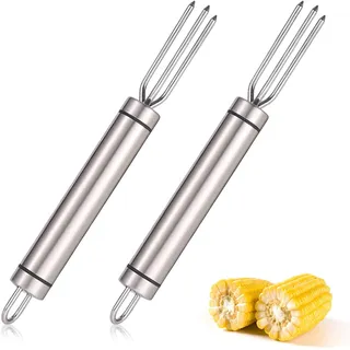 2x Pellkartoffel-Gabel mit 3 Zinken, Pellkartoffelgabel, Edelstahl poliert, Kartoffelgabel, Maiskolbenhalter aus Edelstahl, Maiskolben Spieße, Wiederverwendbar als Maisspieß, Spülmaschinengeeignet