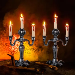 JOYIN 2 Stück beleuchtete Haunted Candelabra Prop, LED-Kerzen mit 6-Stunden-Timer, batteriebetriebene flackernde Lichter, Kerzen für Halloween-Heimdekoration, Innendekoration, Halloween-Dekoration