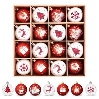Amteker Weihnachtskugeln Kunststoff Set, 16 Stücke 6CM Christbaumkugeln Deko Weihnachten, Weihnachtsbaumschmuck mit Aufhänger Bruchsicher, Baumschmuck Weihnachten Weihnachtskugeln Weiß Rot