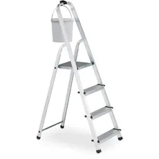 Relaxdays Trittleiter klappbar, 4 Stufen, Leiter Aluminium, 125 kg, mit Sicherheitsbügel, HBT: 137 x 43 x 75 cm, Silber