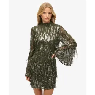 Superdry für Damen. W8011989A Grünes Minikleid mit Pailletten und Fransen (XXS), Party, Polyester, Langarm
