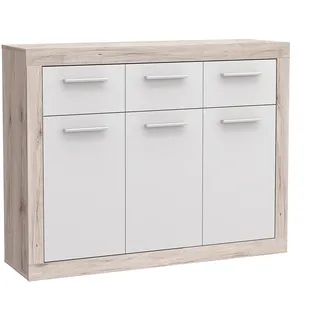 FORTE Baccio Kommode mit 3 Türen und 3 Schubladen, Holzwerkstoff, Sandeiche / Weiß, 117.90 x 34 x 91.50 cm