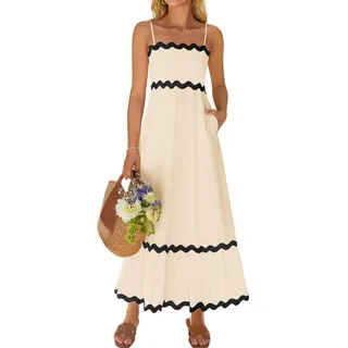 ZESICA Damen 2024 Sommer Spaghettiträger Ärmellos Rückenfrei Sommerkleid Flowy gesmokte Spitze Swing A Linie Midikleid, Aprikose, Mittel