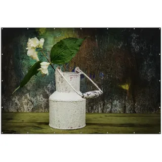 Wallario XXL Outdoor-Poster für Garten oder Balkon, Motiv Jasmin Blumen in einer alten Milchkanne, in ca. 300 x 200 cm - Schwarz