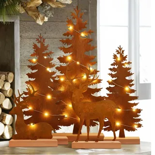 Johiux Weihnachtsdeko Innen Outdoor,5 Stück Metall-Weihnachtsbäume und Rentier mit LED-Lichterkette,Gartenstecker Deko Rehe,Rostige Vintage-Tischdekoration- Weihnachtsdekoration für den Kaminsims.