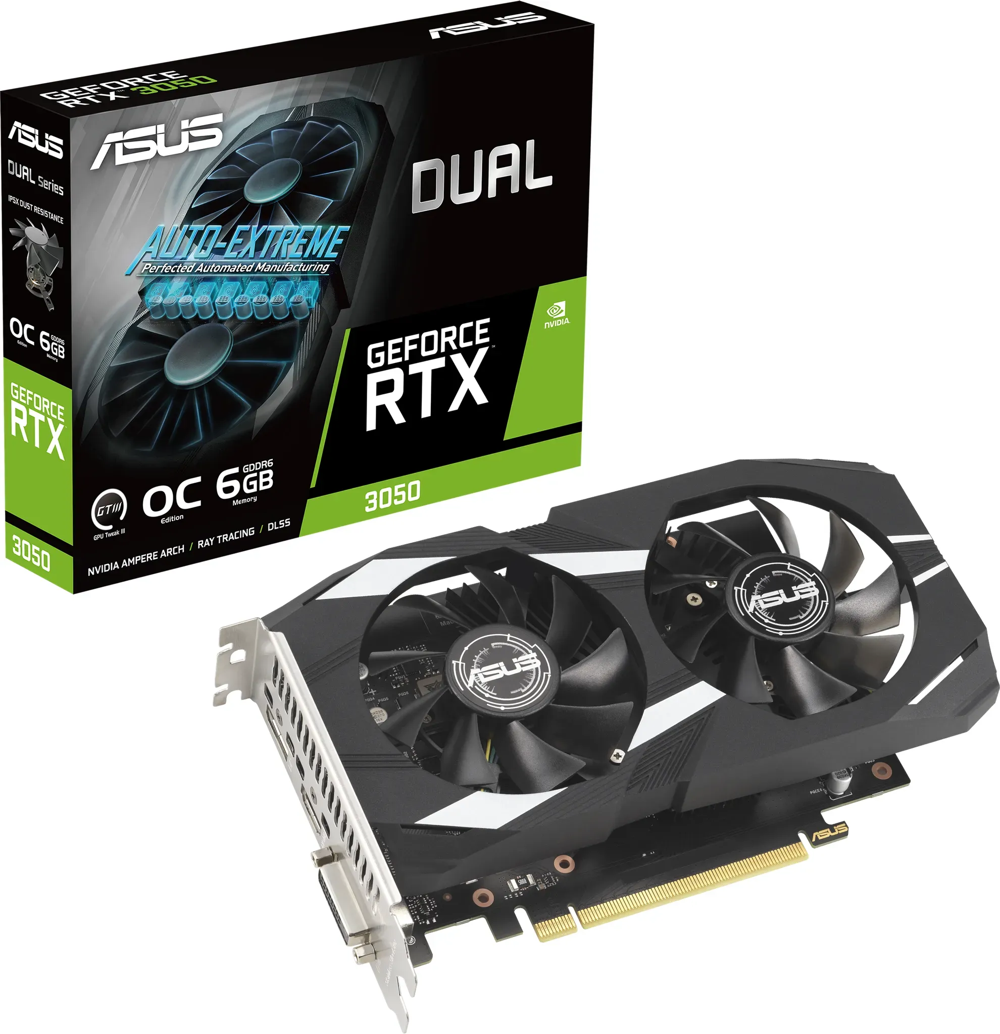 Bild von Dual GeForce RTX 3050 OC, DUAL-RTX3050-O6G, 6GB GDDR6, DVI, HDMI, DP (90YV0K60-M0NA00)