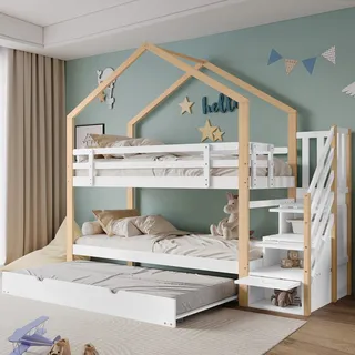 Merax Etagenbett 90x200cm/90x190cm mit Ausziehbett, Kinderbett mit Rausfallschutz und Treppe, Hausbett Hochbett Stockbett mit Unterbett, Weiß - Weiß, Naturbelassen
