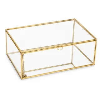 Feyarl Glas Schmuckkästchen mit Deckel Goldrahmen Transparente Schmuckbox rechteckig Aufbewahrungsbox für Schmuck & Erinnerungen Deko Geschenk für Frauen (27x17.6x 9.6cm)