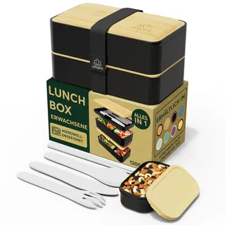 Umami Lunchbox Erwachsene, Auslaufsichere Bento Box mit Fächern und 4 Bestecke, Brotdose Erwachsene, Salatbehälter To-Go, Lunch Box für Picknick/Büro, Schwarz & Beige, 1200 ml