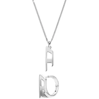Diesel Herren D-Logo Silberfarbener Edelstahl Halskette und Ohrringe, Set