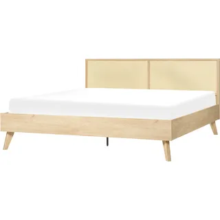 Beliani Bett Heller Holzfarbton Pappel-Faserplatte mit Lattenrost 180 x 200 cm Holzbeinen Hohem Kopfteil aus Wiener Geflecht Modern Schlafzimmer Möbel - Hellbraun , Naturmaterialen , 180x200 , Betten