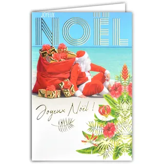 Karte, Frohe Weihnachten, Weihnachtsmann, Rot, Geschenke, Tasche für Dunstabzugshaube, Bartmütze, Strand, Meer, Blau, Türkis, Tannenbaum, Blumen, exotisch, Tropisch, Dom-Tom, goldfarben, glänzend