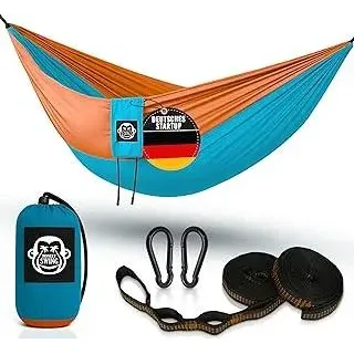 Hängematte Ultraleicht inkl. Karabiner & Schwerlastgurten (bis 300 ?kg belastbar, 275 x 140 cm) – ideal für Camping, Outdoor, Trekking & als Reisehängematte (Türkis/Orange)