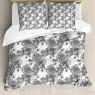ABAKUHAUS Blumen Bettbezug, Pflanzen Blossom Spring, Milbensicher Allergiker geeignet mit Kissenbezügen, 200 cm x 200 cm - 80 x 80 cm, Schwarz, Grau, Weiß - Schwarz
