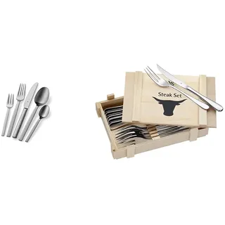 WMF Alteo Edelstahl Besteck Set 6 Personen, 30-teilig, Monobloc-Messer & Steakbesteck 12-teilig, Steakbesteck Set für 6 Personen, Steakmesser Set
