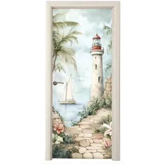 MuchoWow Türaufkleber Leuchtturm - Natur - Landschaft - Boot Room Decor 85x205 cm - Türtapete , Eichefarben , Kunststoff , Rechteckig , 85x0.1 cm , Tapeten & Wandverkleidungen, Fototapeten
