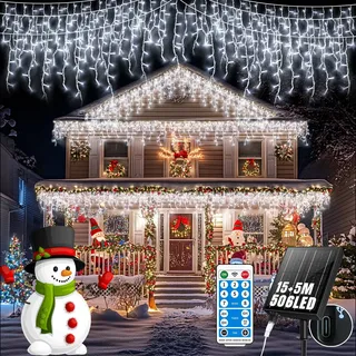 GCMacau Eisregen Lichterkette Solar [15m +5m], 506LEDs Weihnachtsbeleuchtung Außen,8 Modi,Erweiterbar,101 Tropfen, Lichterkette Außen USB-Strom,IP65 Wasserdicht Mit Fernbedienung Timer [weiß]