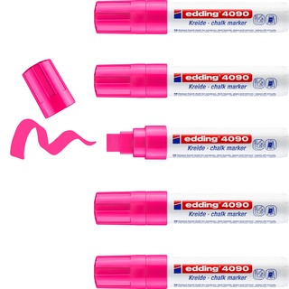 edding 4090 Kreidemarker - neon-pink - 5 Kreidestifte - Keilspitze 4-15 mm - breiter Kreidestift für Tafel abwischbar - zum Beschriften von Fenster, Glas, Spiegel - Tafelstift mit deckenden Farben