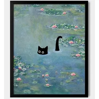 Hamduker Katzen-Wandkunst, Monet-Drucke, Vintage-Leinwand, Wandkunst, lustige Katze in Seerosen, Poster für Zimmer, Schlafzimmer, Wohnzimmer, Badezimmer, Wanddekoration, ästhetisch (Größe: 20,3 x 25,4
