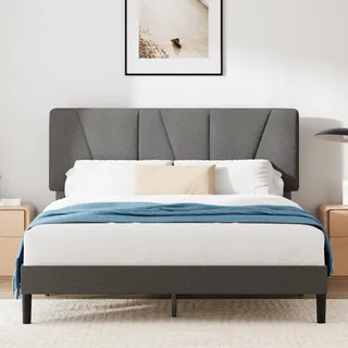 Zinus Maya Upholstered Bed Frame, 160 x 200 cm, Asymmetric Headboard, Durable Wooden Slats, Sturdy Framework, Noise Free Sleep, Easy Assembly, Dark Grey
