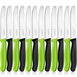 targzier Tafelmesser Set 12 Stück, Edelstahl Messerset,12er Pack Brötchenmesser,Frühstücksmesser mit Wellenschliff,Bunte Tomatenmesser,Scharfe Messer für Brotzeit,22 cm,Schwarz und Grün