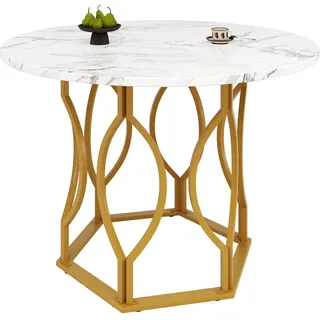 Flieks Esstisch Rund 100cm Marmoroptik MDF Gold Metallbeine , Multicolor , 100x76x100 cm , Esszimmer, Esstische