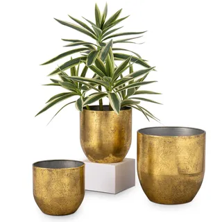 3er Set Blumentöpfe aus verzinktem Stahl perfekt für Moderne Dekoration und Pflanztöpfe, Dekorativen Zink Töpfen drinnen und draußen,16.5cm/13.5cm/12cm, Metallgold