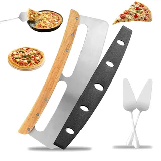 Pizza Wiegemesser, Pizzamesser Wiegemesser aus Edelstahl 35cm, Pizzaschneider mit Holzgriff, Pizza Cutter mit 2 Stück Kuchenschaufel, Pizza Schneider mit Klingenschutz, Pizzaschneider für Pizza