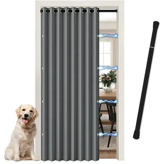 JCyh Türvorhang mit Teleskopstange, Tür Vorhang Innen Verdunkelnd mit Magnetknopf, Falttür ohne Bohren Lang 200 X 150 breit für Wohnzimmer, Schlafzimmer, Küche, Badezimmer, Stange Schwarz 70-128 cm