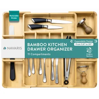 Navaris Besteckkasten Bambus - Flexibles Design mit 5-11 Fächern - Entnehmbarer Teiler -30 x 43cm - Besteckkasten für Schubladen - Küchenschubladen Organizer - Schubladeneinsatz