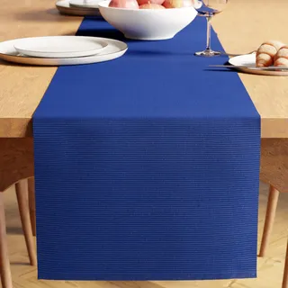 Encasa XO Tischläufer | Garngefärbte Feinripp-Baumwolle | Größe 32x200 cm | Solide blau | Maschinenwaschbar