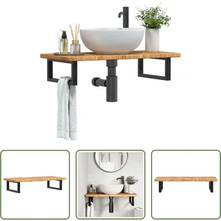 The Living Store Waschtischplatte mit Halterung Stahl und Massivholz Eiche - Braun