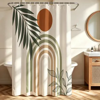 Lerores Duschvorhang 180x200 cm Runder Grünblattbogen, Beschwerter Saum Antischimmel, Wasserabweisend, Waschbar Polyester Badevorhänge mit 12 Ösen und Duschvorhangringen für Badezimmer, Badewanne