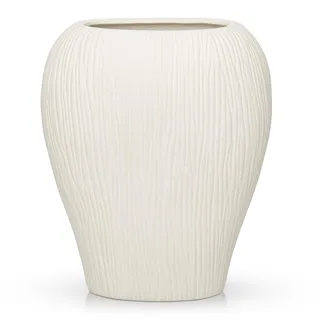 Flache Keramikvase Modern – Schmale Ribbed Vase für Pampasgras & Kunstblumen, Dekovase Keramik für Tisch, Regal & Sideboard, Boho Blumenvasen Wohndeko, Weiß - 32 cm Hohe