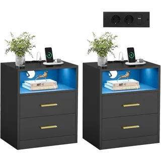 VASAGLE Custos Kollektion - Nachttisch mit Ladestation, 2er Set, LED-Beleuchtung, Beistelltisch, modern, mit Schubladen, 2 AC-Steckdosen und USB-Anschlüssen, tintenschwarz LET829BC01
