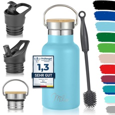 Milu Edelstahl Trinkflasche 350ml 500ml 750ml 1000ml (+3 Deckel) Thermosflasche mit Strohhalm Isolierte Wasserflasche für Kinder, Erwachsene, für unterwegs, auslaufsicher (Himmelblau, 350ml)