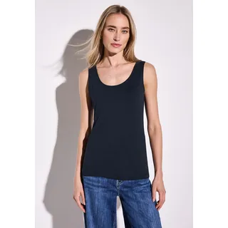 STREET ONE "Style ANNI", Damen, Gr. 36, blau (tiefblau), Jersey, Obermaterial: 48% Baumwolle, 48% Modal, 4% Elasthan, unifarben, regular fit taillenbedeckt, Rundhals, Tops Tanktop