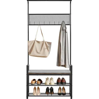 SucceBuy Freistehende Flurgarderobe (84 x 34 x 183 cm), Kleiderständer mit Haken und zweistufiger Schuhablage, Garderobenständer aus Stahl für Eingangsbereich, Schlafzimmer und Flur, Schwarz