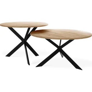 Couchtisch Set Lev - 2er-Set Beistelltisch Rund (Ø75/58 cm) - Wohnzimmertisch Industrial, Satztisch mit Metallgestell Schwarz - Kaffeetisch Modern - Craft Eiche - Braun