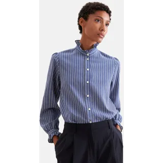 Rüschenbluse SEIDENSTICKER, Damen, Gr. 3XL (46), blau (dunkelblau), 85% Viskose, 15% Polyamid, gestreift, regular fit, Blusen Rüschenbluse, 1/1 Stehkragen Gestreift